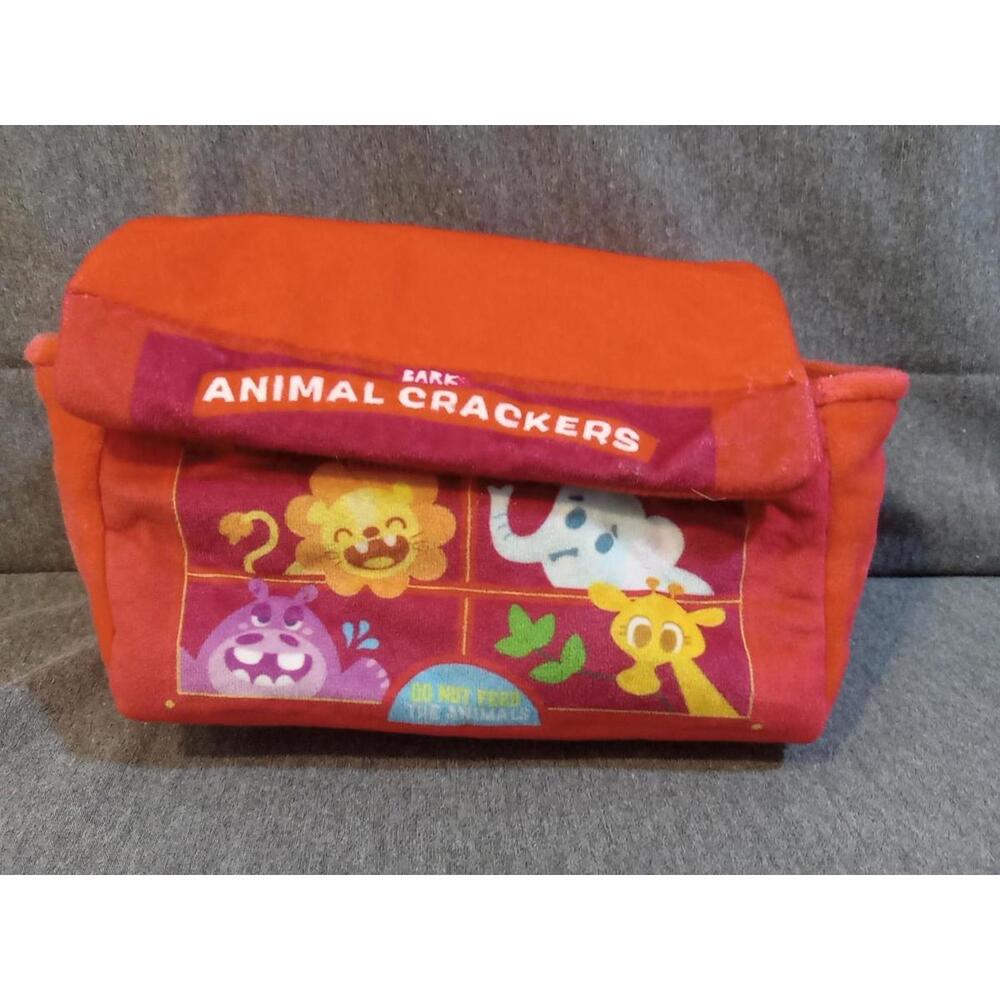 Barkbox Animal Cracker Pouch Red Multi Squeaker Crinkle Lion Elephant Hippo